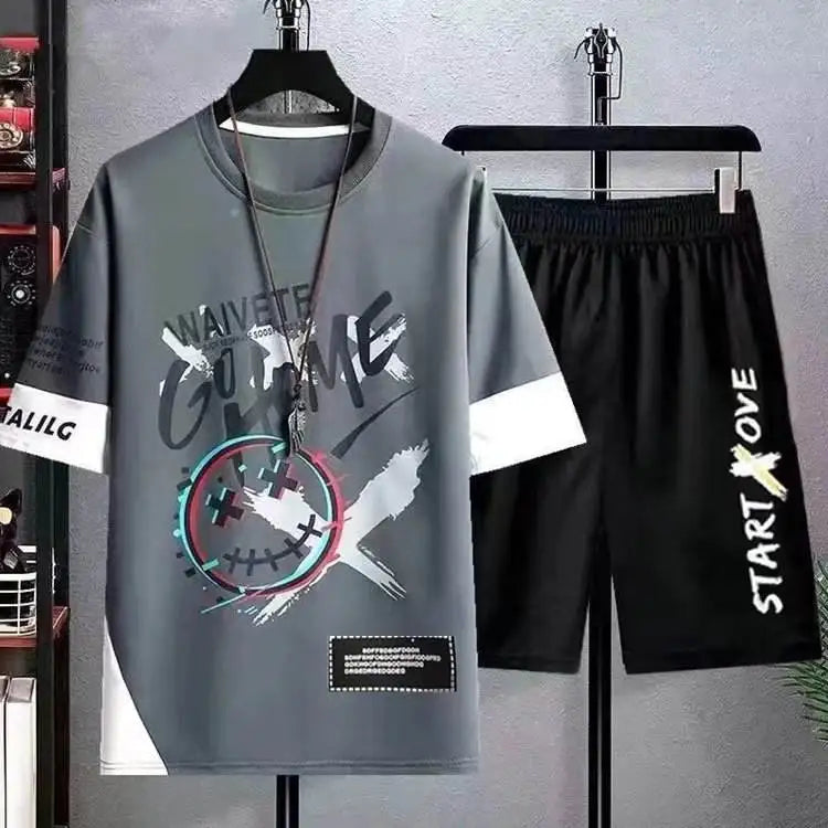 Summer Short Sleeved Shorts Set for Men's Thin Casual Sports Trend Clothing Short Sleeved Shorts for Men's Set