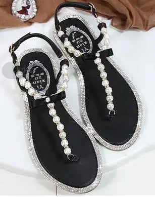 Pearl Sandals women Ladies Summer Bohemia Beach Sandal String Bead Casual Buckle Strap Flat Shoes Open Toe Shoes woman Flip Flop
