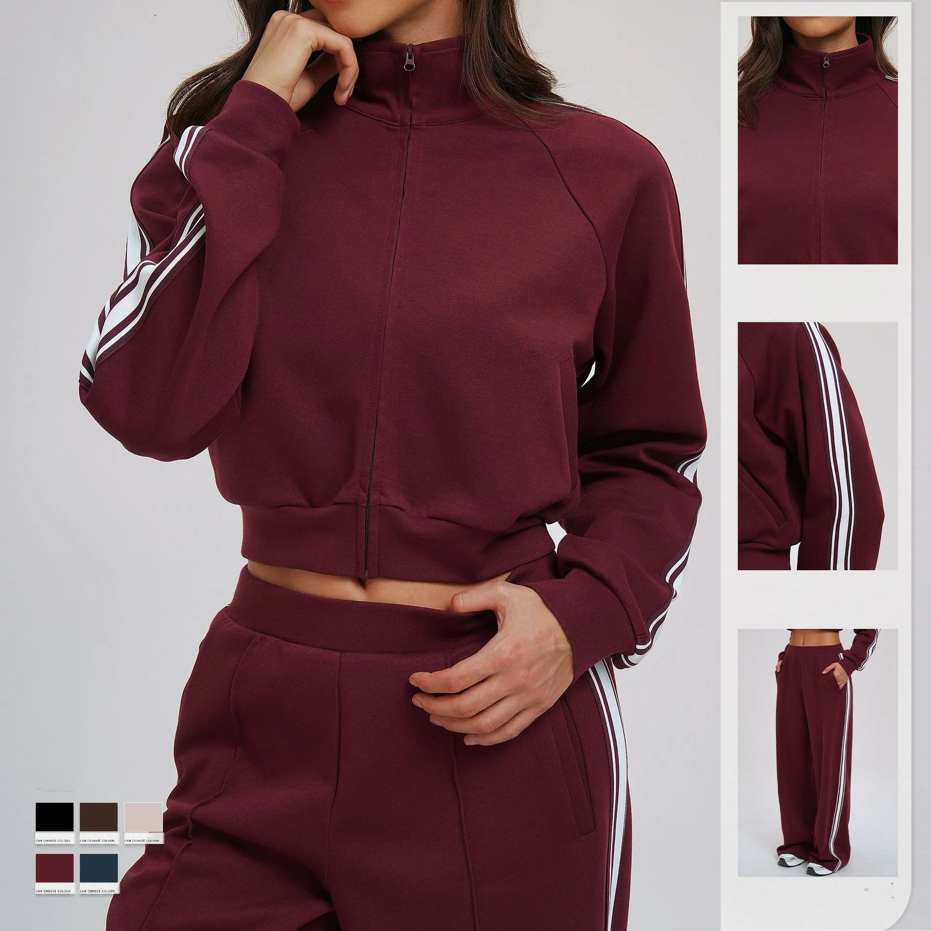 Women Casual Autumn Spring Solid Lace Sports 2-Piece Set Stand Neck Crop Top Full Sleeve High Waist Elastic Waist Pants