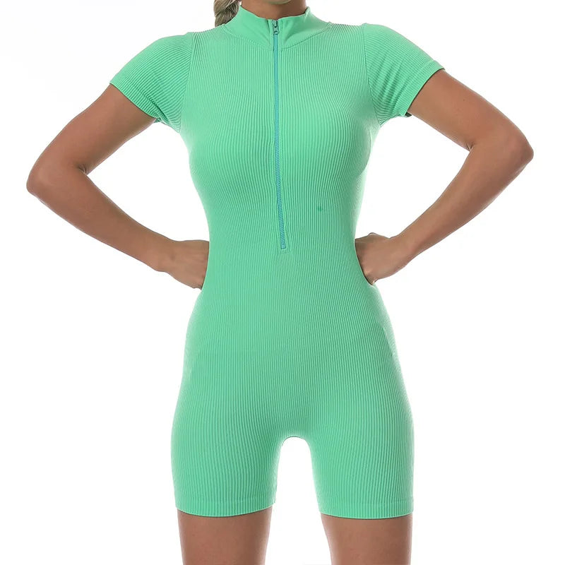 2024 High Quality New Summer Zipper Short Sleeve Yoga Jumpsuit Female Dance Fitness Bodyfitting Exercise Jumpsuit
