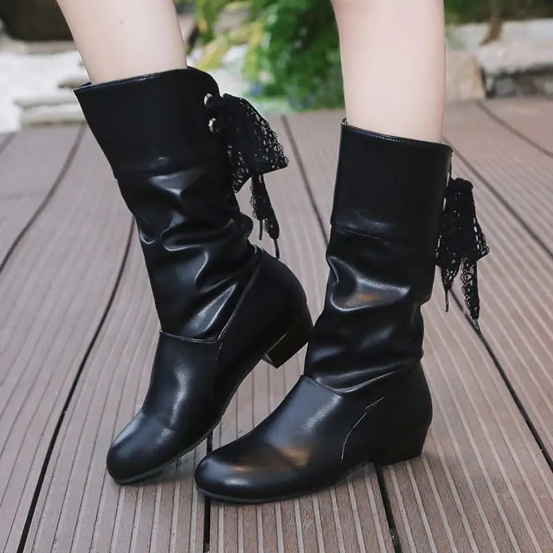 Nuo Large Size Mid-Calf Riding Boots for Women Low Heel Lace Closure Solid Warm