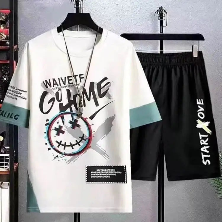 Summer Short Sleeved Shorts Set for Men's Thin Casual Sports Trend Clothing Short Sleeved Shorts for Men's Set