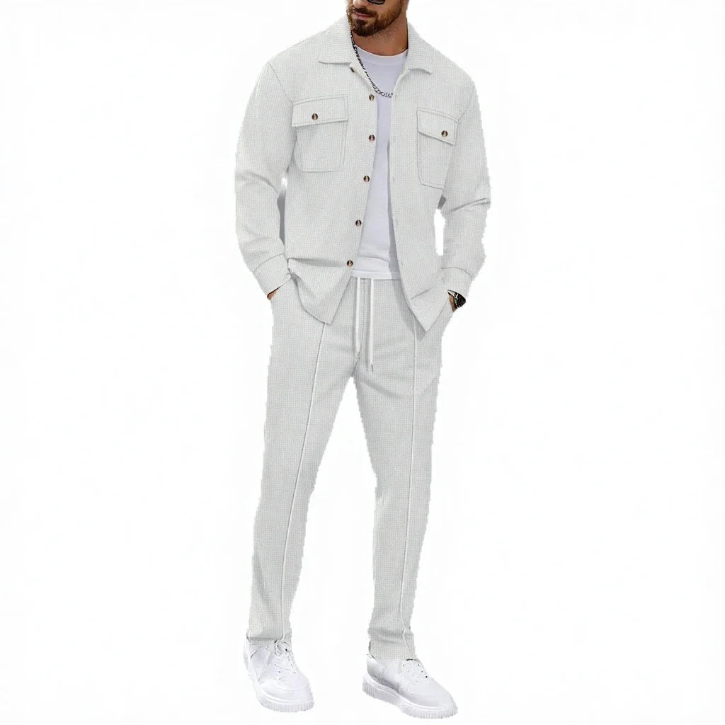 Autumn New Style High-quality Breathable Men's Waffle Long-Sleeved Pants Casual Double-Pocket Workwear Jacket Set
