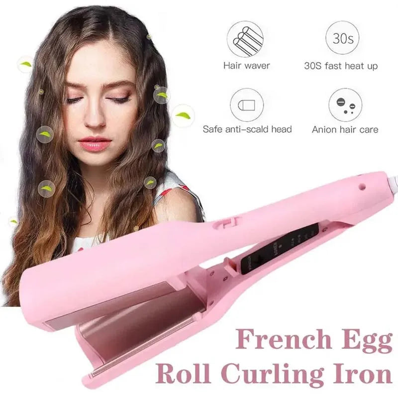 French Egg Roll Ceramic Hair Iron Volumizing Curling Rod with LCD Temperature Display PTC Electric Heater for Household Use