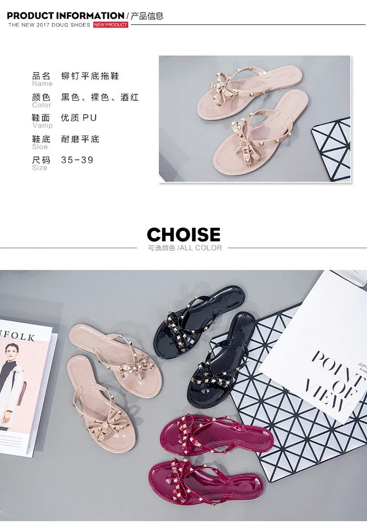 New Rivet Bow Sandals and Slippers Summer Transparent Crystal Shoes Women Outdoor Flip Flops
