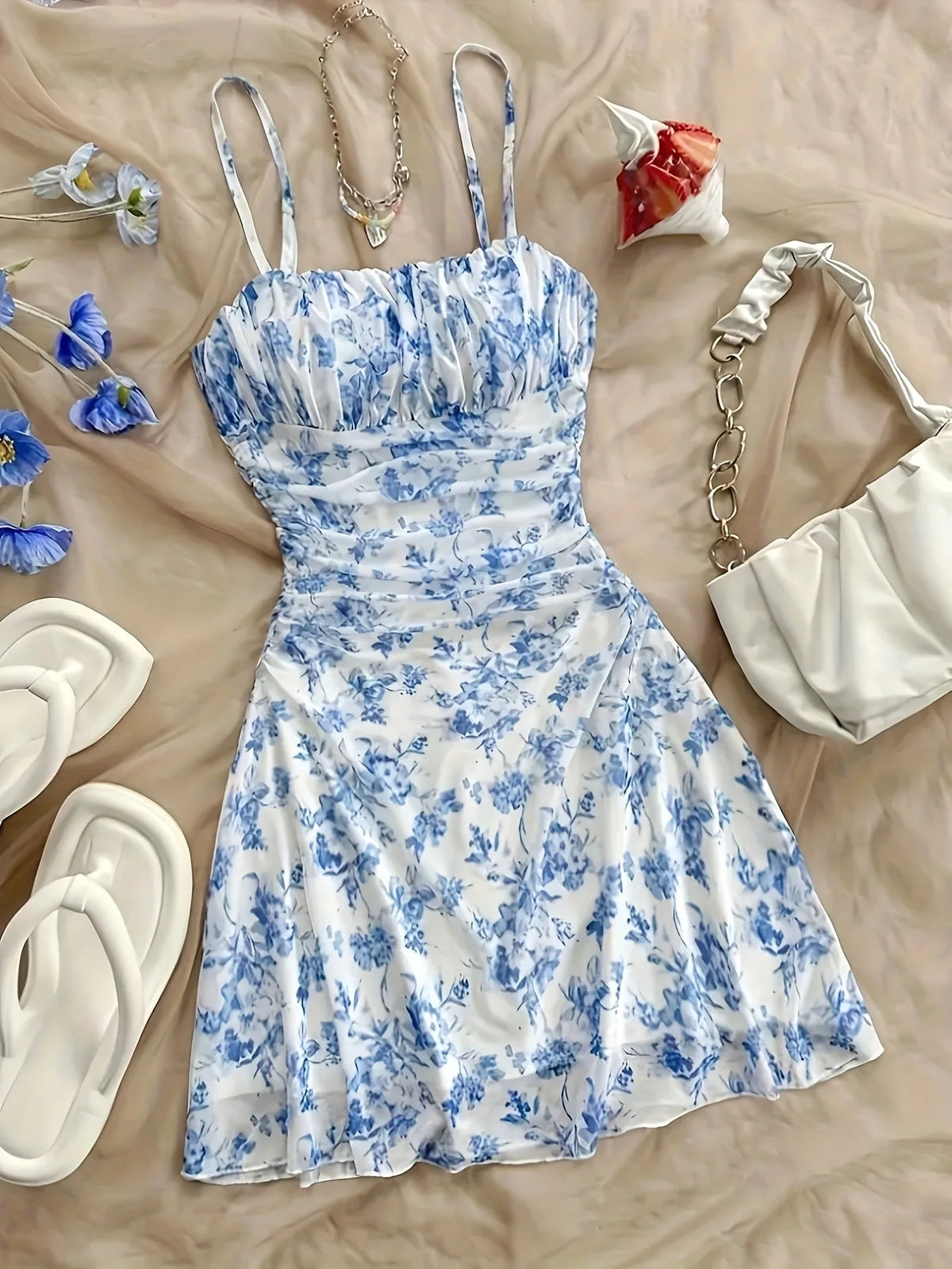French Style Sweet Empire Waist Floral Strappy Dress Slim Fit Summer Casual Short Skirt