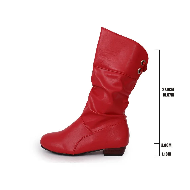 Tie up Slim High Western Style Height Increasing Boots Autumn Winter White Student Thick Heeled PU
