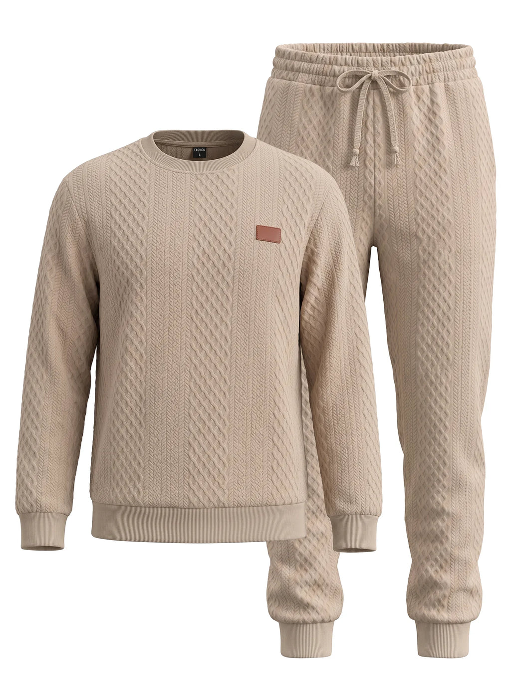 Soft Warm Jacquard Fleece Crew Neck Drawstring 2 Piece Men Long Sleeve Daily Training Tracksuit Set