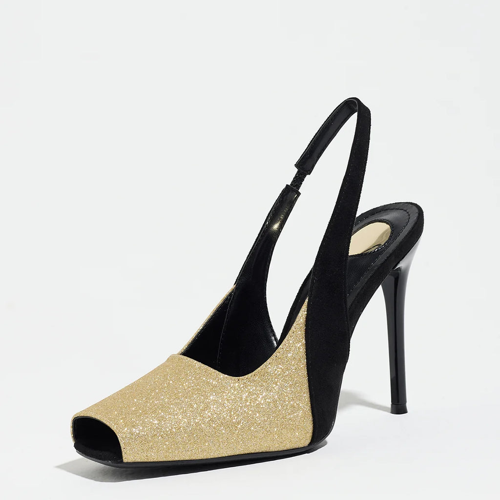 Luxury Contrast Color Glitter Slingback Stiletto Sandals Peep Toe Height Increasing Club Date Night Wedding Bridal Fashion