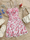 French Style Sweet Empire Waist Floral Strappy Dress Slim Fit Summer Casual Short Skirt