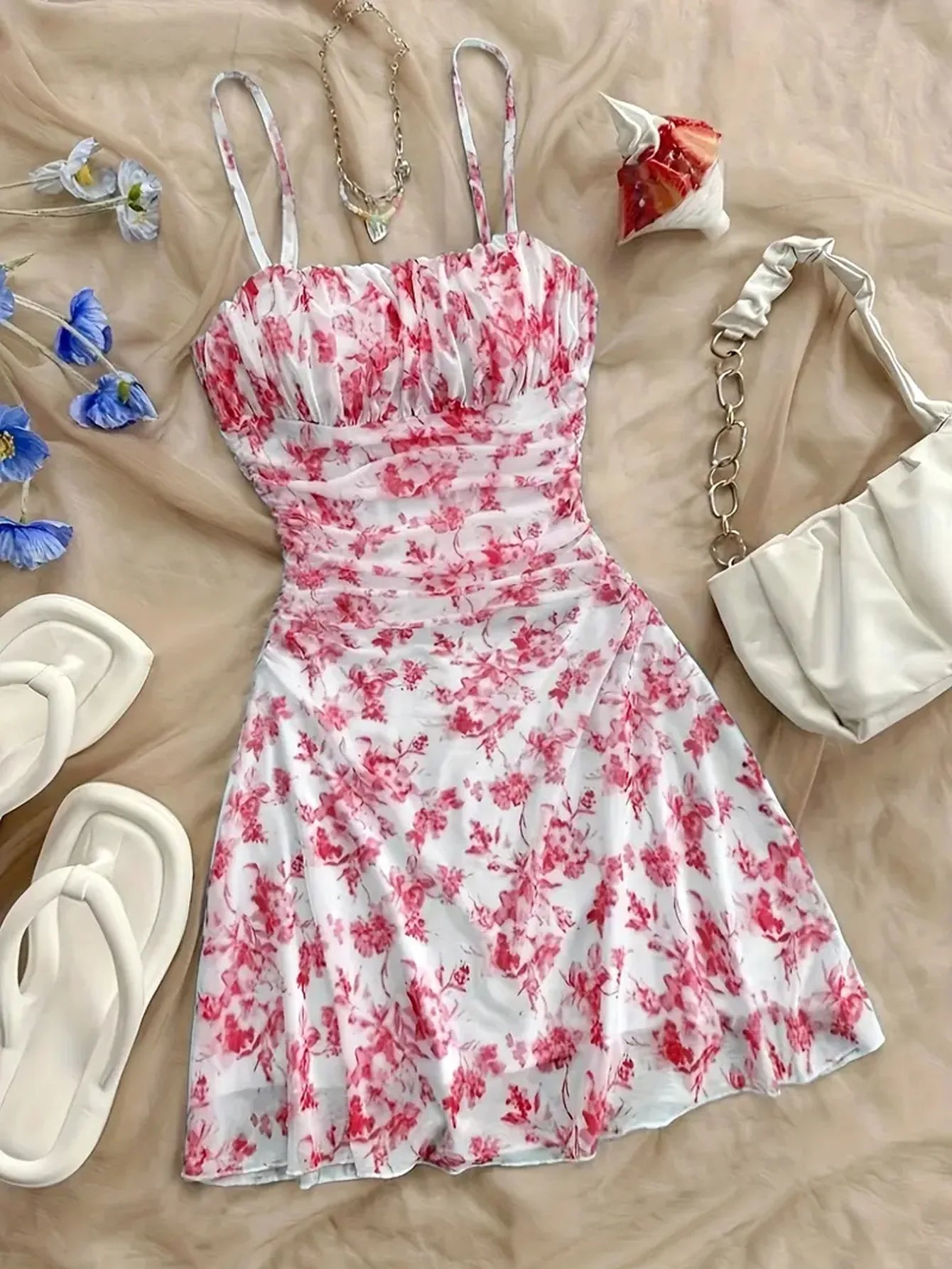 French Style Sweet Empire Waist Floral Strappy Dress Slim Fit Summer Casual Short Skirt