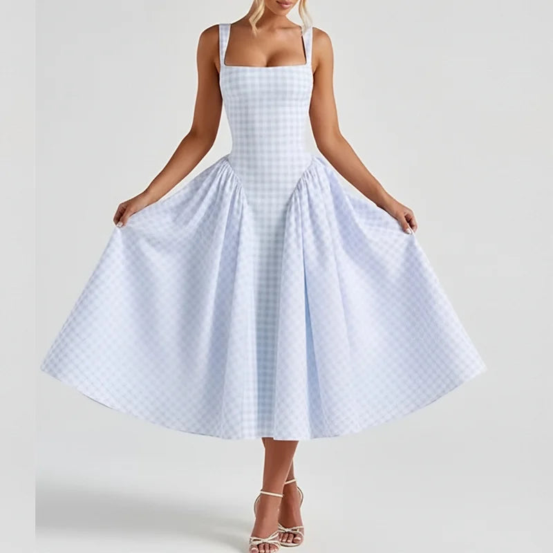 2026 New Arrival Women Gingham Midi Dress Spaghetti Strap Square Neck High Waist Flared Skirt Factory Wholesale Fast Shipping