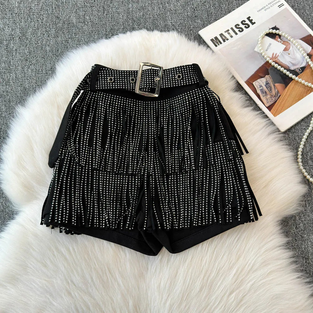 Boutique Wholesale 2025 Summer New Fashionable Retro Tassel Inlaid with Diamonds Sexy Mid Waist Women's Shorts