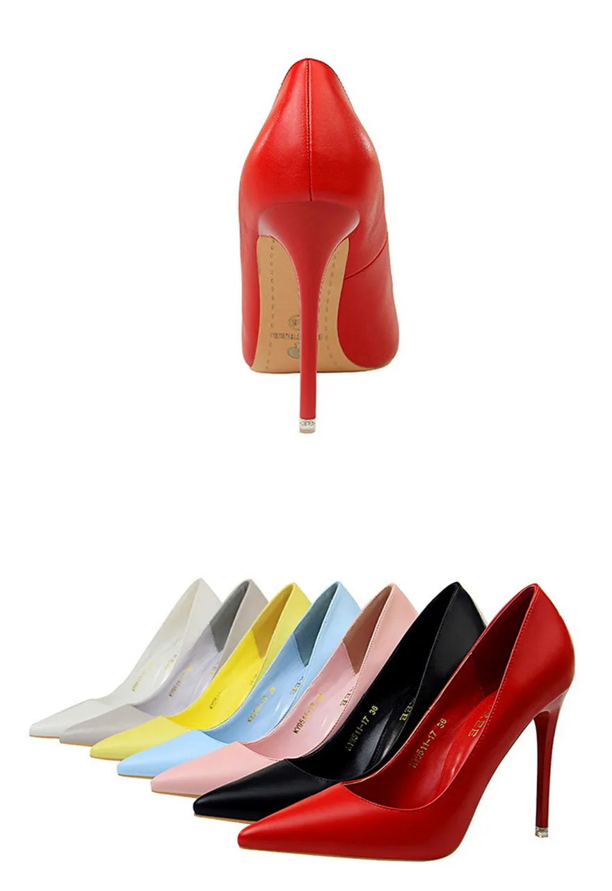 Soft Leather Concise High Heels 7.5/10.5cm Shoes Fashion Women Pumps Pointed Toe Slip On Candy Colors Office Woman Wedding Shoes