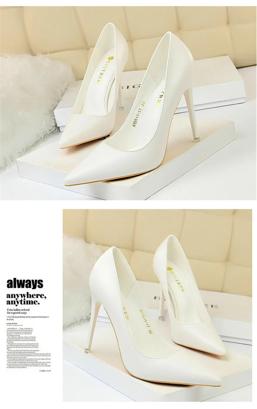 Soft Leather Concise High Heels 7.5/10.5cm Shoes Fashion Women Pumps Pointed Toe Slip On Candy Colors Office Woman Wedding Shoes