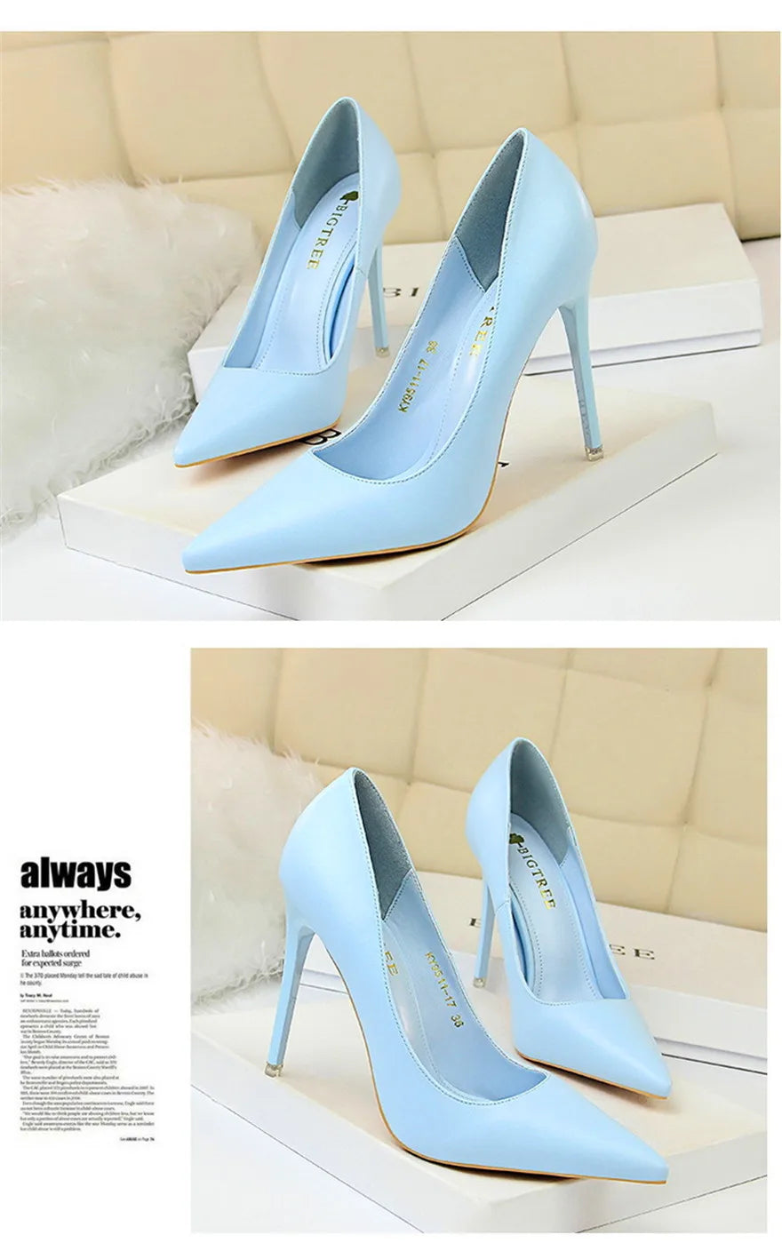 Soft Leather Concise High Heels 7.5/10.5cm Shoes Fashion Women Pumps Pointed Toe Slip On Candy Colors Office Woman Wedding Shoes
