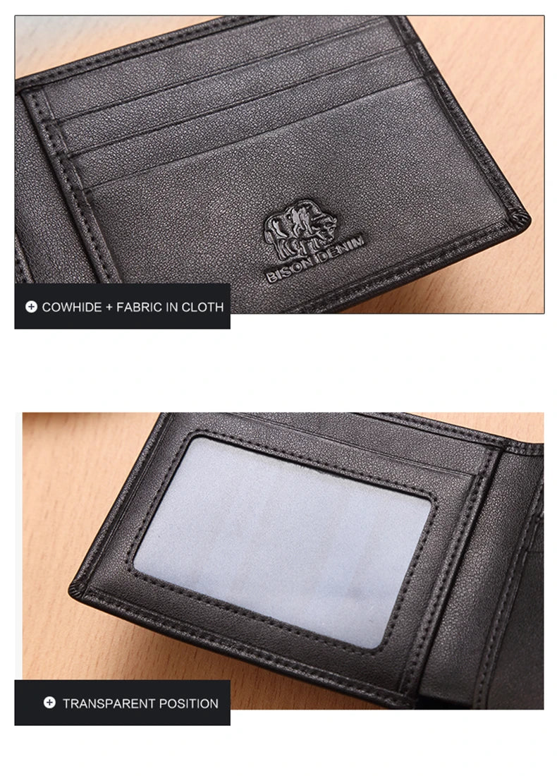 BISON DENIM Genuine Leather Wallet Men Brand Fashion Short Purses Coin Purse ID Credit Card Holder Slim Bifold Wallet Men N4437