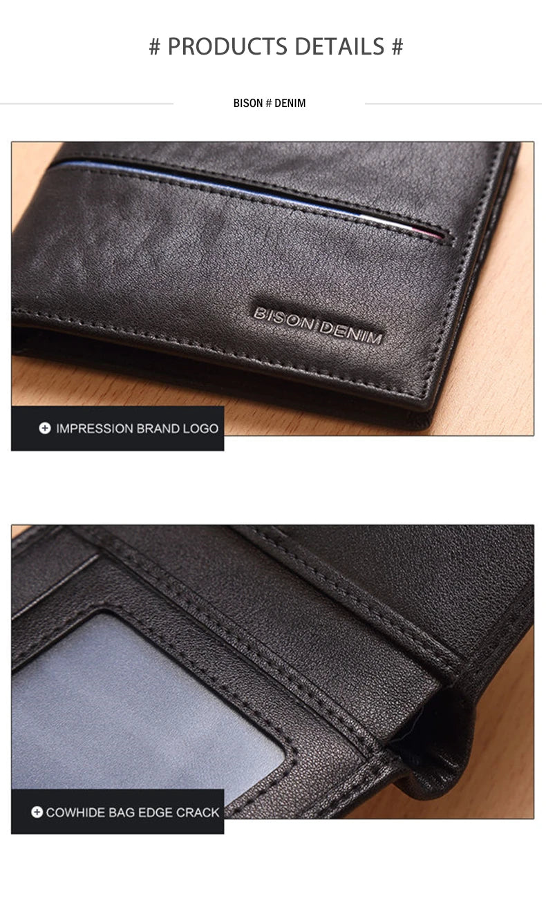 BISON DENIM Genuine Leather Wallet Men Brand Fashion Short Purses Coin Purse ID Credit Card Holder Slim Bifold Wallet Men N4437