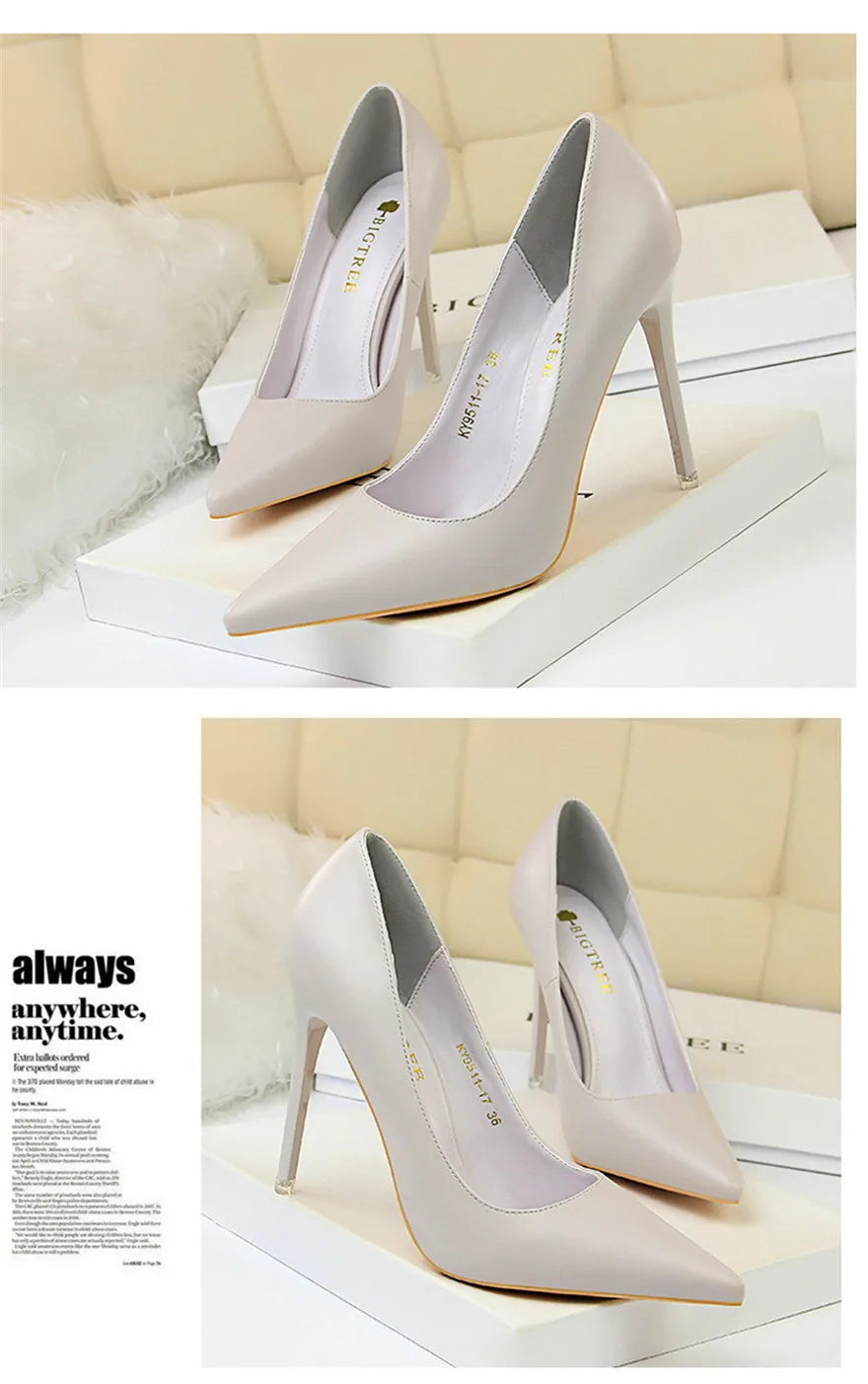Soft Leather Concise High Heels 7.5/10.5cm Shoes Fashion Women Pumps Pointed Toe Slip On Candy Colors Office Woman Wedding Shoes