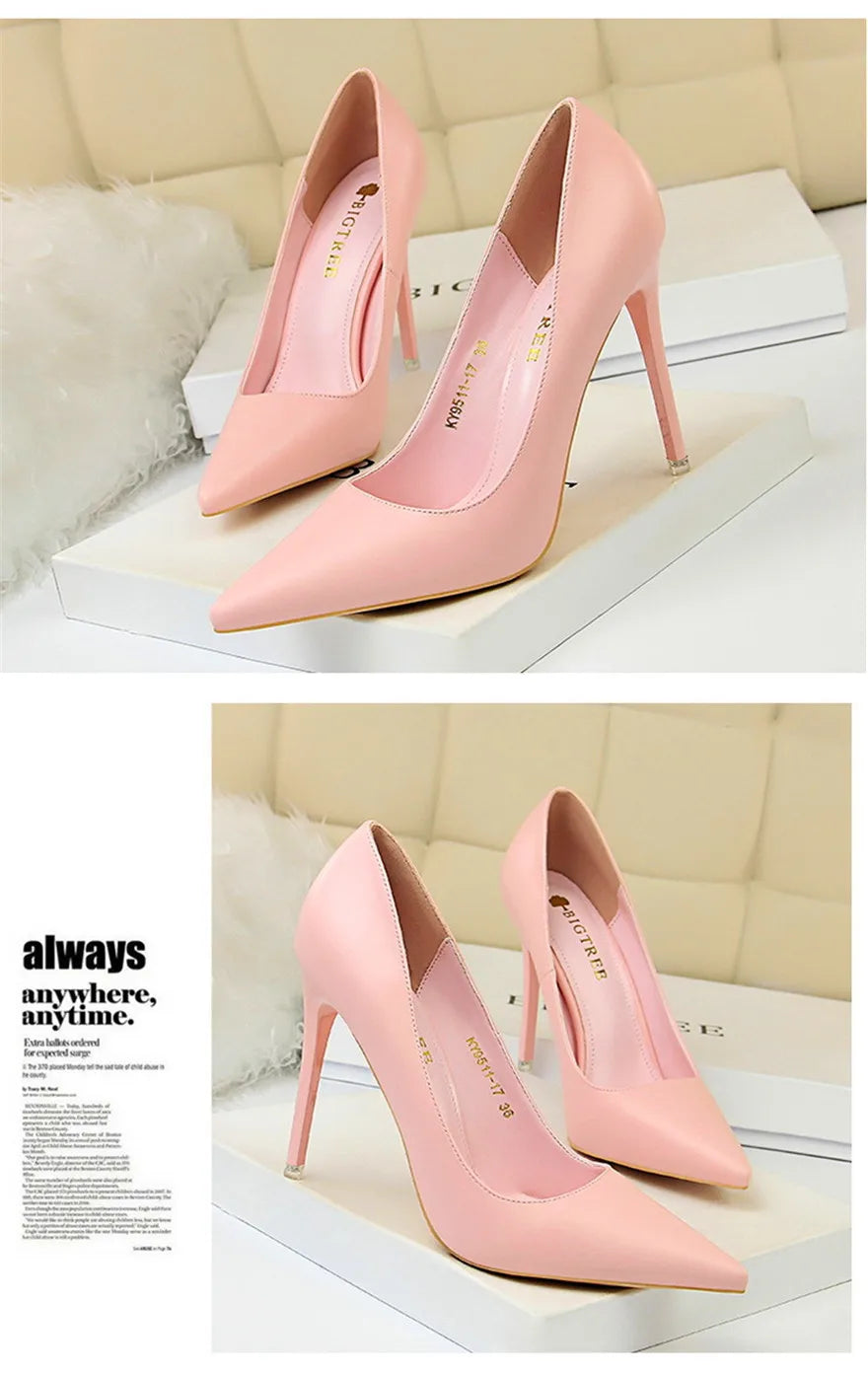 Soft Leather Concise High Heels 7.5/10.5cm Shoes Fashion Women Pumps Pointed Toe Slip On Candy Colors Office Woman Wedding Shoes