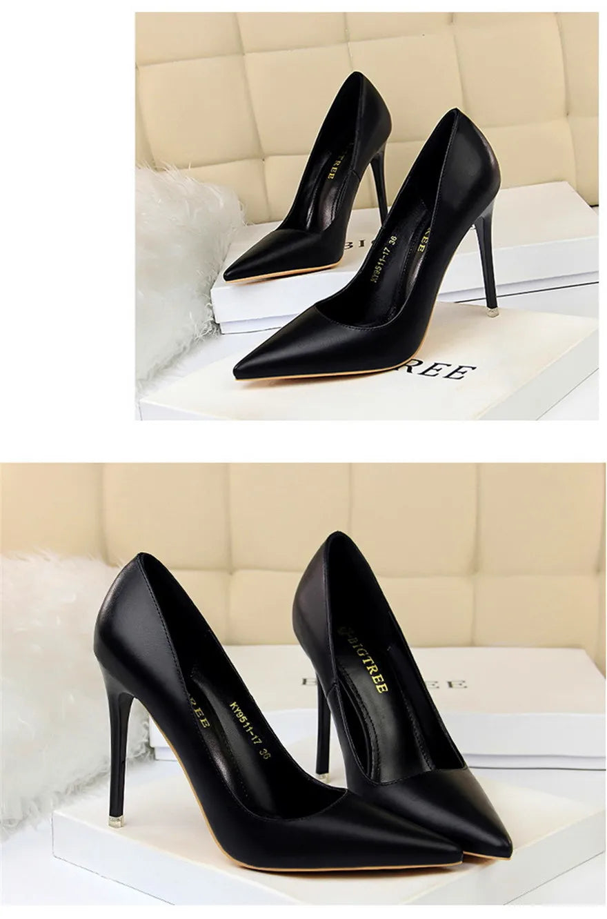 Soft Leather Concise High Heels 7.5/10.5cm Shoes Fashion Women Pumps Pointed Toe Slip On Candy Colors Office Woman Wedding Shoes