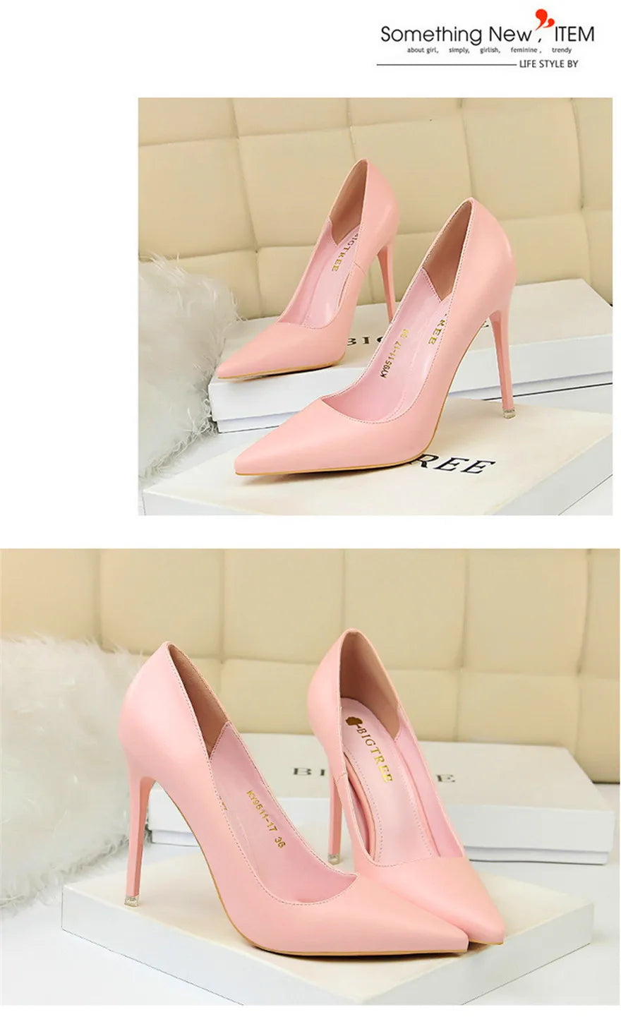Soft Leather Concise High Heels 7.5/10.5cm Shoes Fashion Women Pumps Pointed Toe Slip On Candy Colors Office Woman Wedding Shoes