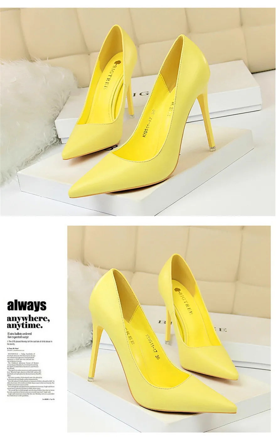 Soft Leather Concise High Heels 7.5/10.5cm Shoes Fashion Women Pumps Pointed Toe Slip On Candy Colors Office Woman Wedding Shoes