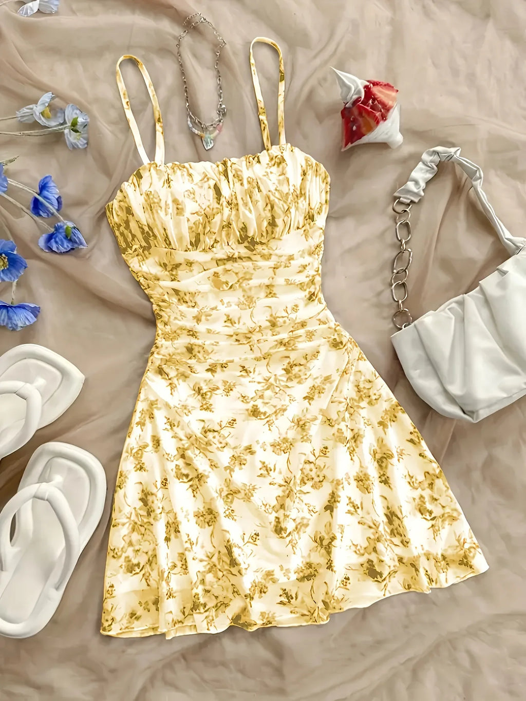 French Style Sweet Empire Waist Floral Strappy Dress Slim Fit Summer Casual Short Skirt