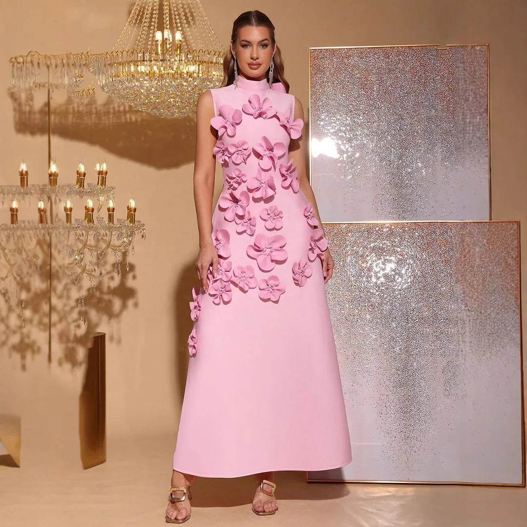2026 New French pink Sleeveless Three-dimensional Floral A-line Maxi Dress Arrival Panelled Stand Collar Evening Dress