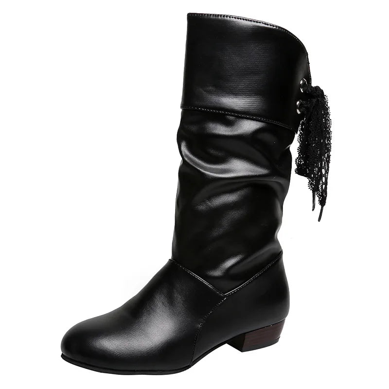 Nuo Large Size Mid-Calf Riding Boots for Women Low Heel Lace Closure Solid Warm