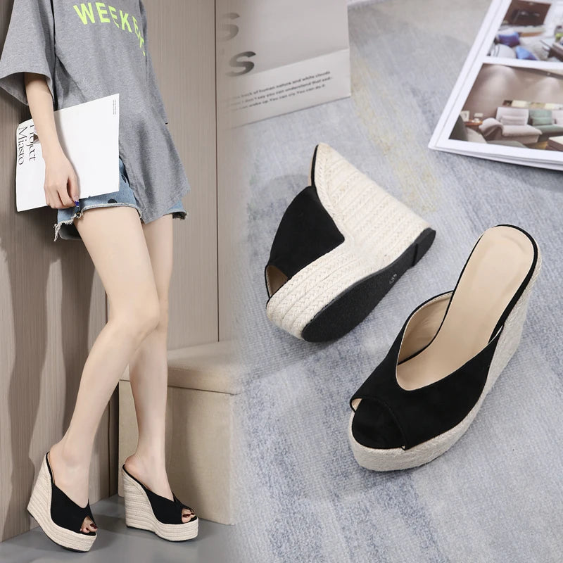 2023 Exquisite and Comfortable Suede Wedge Heel Knitted Heel Slippers Fashion New Wedge Heel Women's Shoes