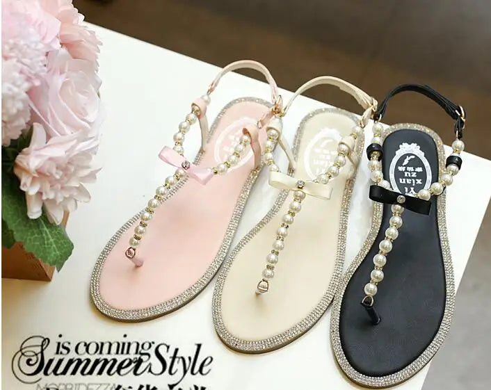 Pearl Sandals women Ladies Summer Bohemia Beach Sandal String Bead Casual Buckle Strap Flat Shoes Open Toe Shoes woman Flip Flop