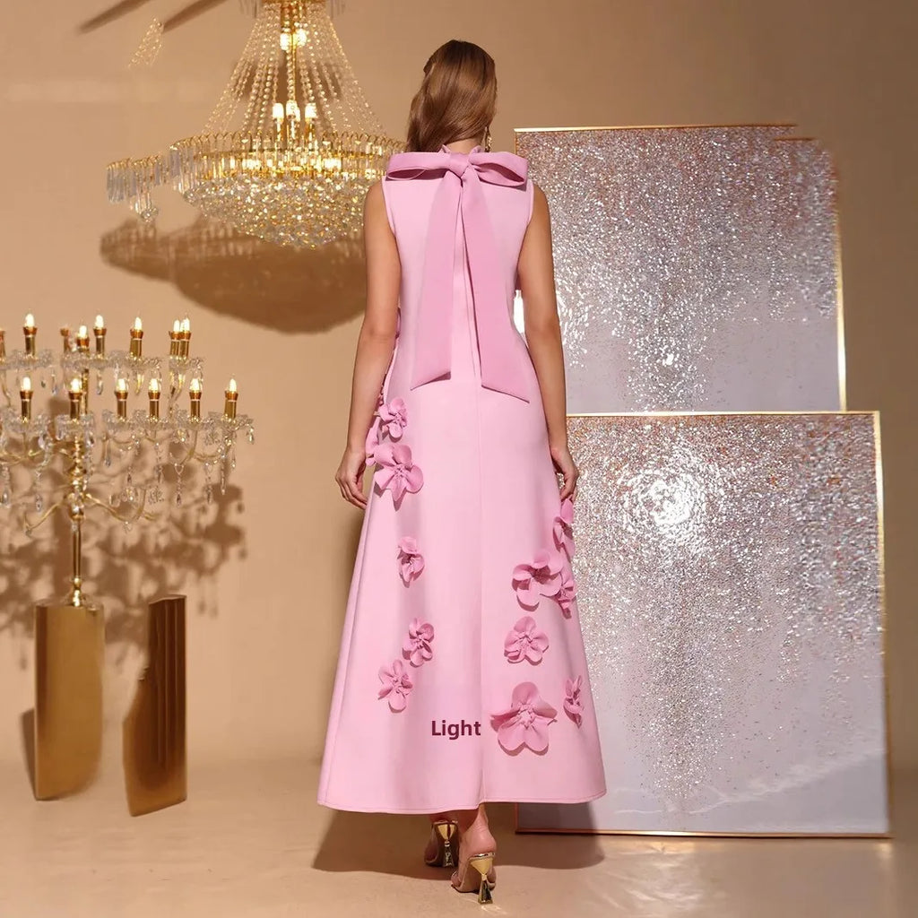 2026 New French pink Sleeveless Three-dimensional Floral A-line Maxi Dress Arrival Panelled Stand Collar Evening Dress