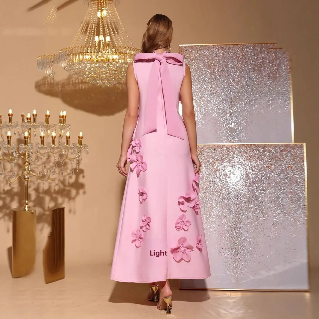 2026 New French pink Sleeveless Three-dimensional Floral A-line Maxi Dress Arrival Panelled Stand Collar Evening Dress
