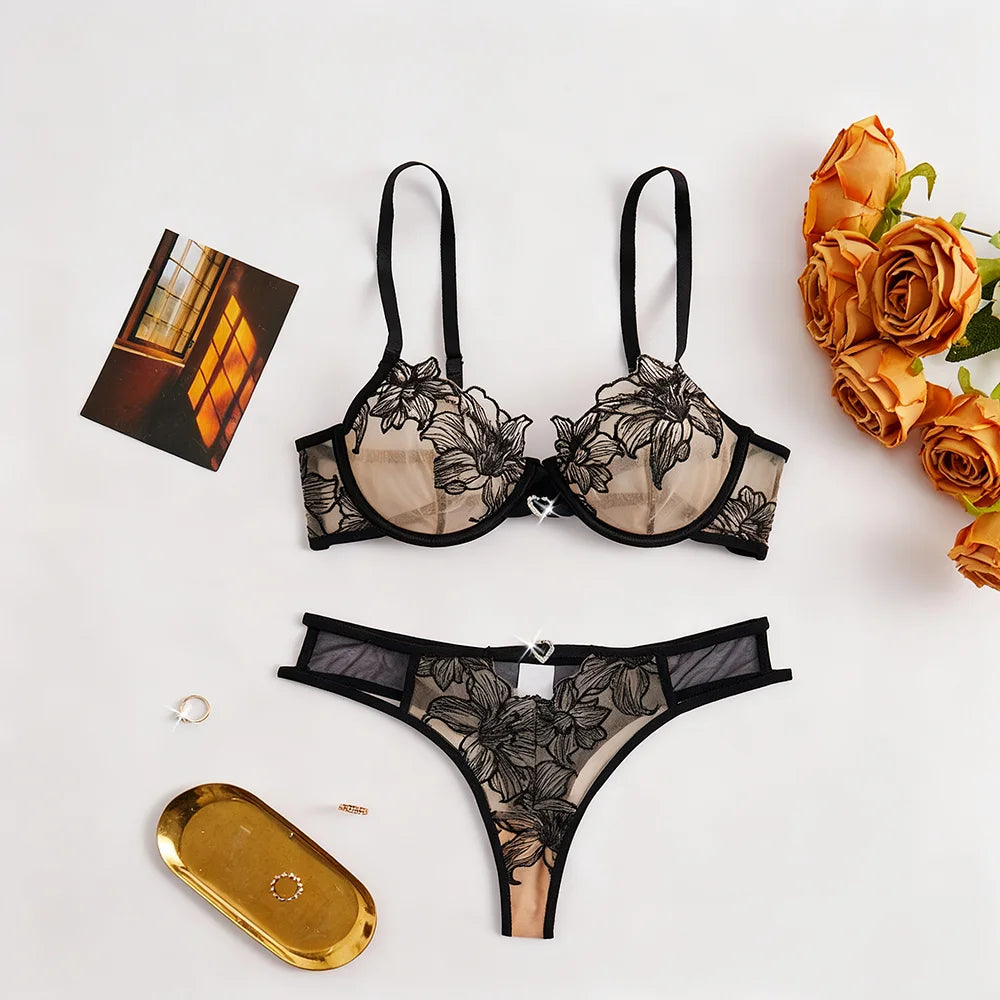 US Stock Sexy Floral Lace Embroidery Bra & Thong Set Sheer Mesh Underwire Lingerie Set