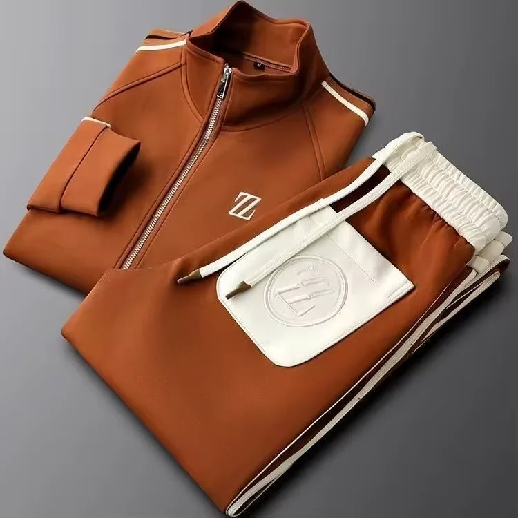 Men's Autumn Stand Collar Casual Sports Suit Knitted Machine Embroidery Long-Sleeve Straight-Leg Pants Trendy Fashionable Set