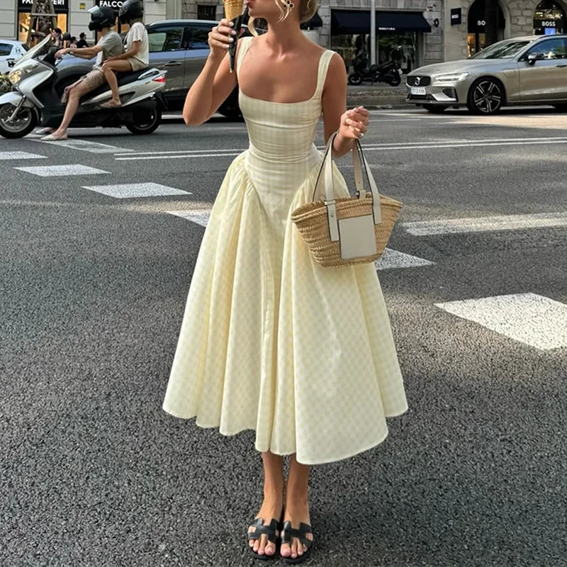 2026 New Arrival Women Gingham Midi Dress Spaghetti Strap Square Neck High Waist Flared Skirt Factory Wholesale Fast Shipping