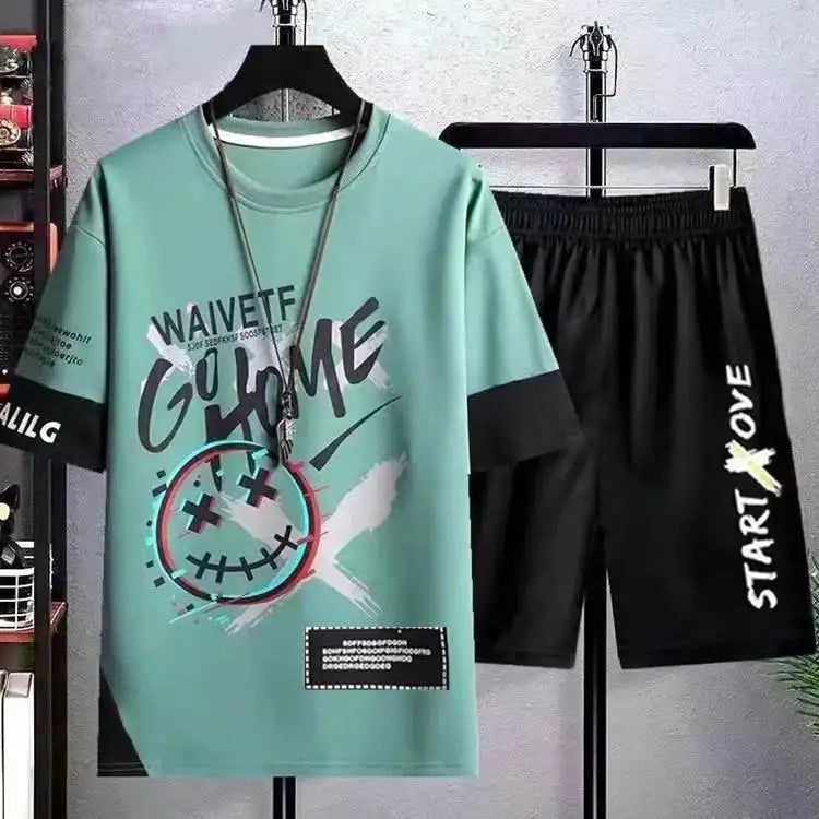 Summer Short Sleeved Shorts Set for Men's Thin Casual Sports Trend Clothing Short Sleeved Shorts for Men's Set