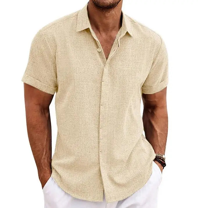 Summer New Men's Solid Shirt Casual Style White Short Sleeve Blouse Men Cotton Linen Knitted Formal Shirt for Adult
