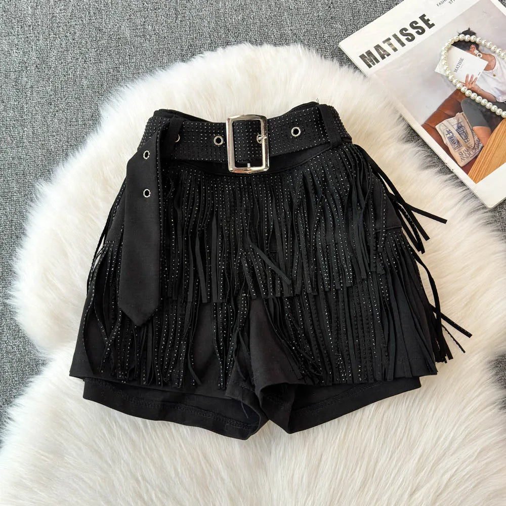 Boutique Wholesale 2025 Summer New Fashionable Retro Tassel Inlaid with Diamonds Sexy Mid Waist Women's Shorts