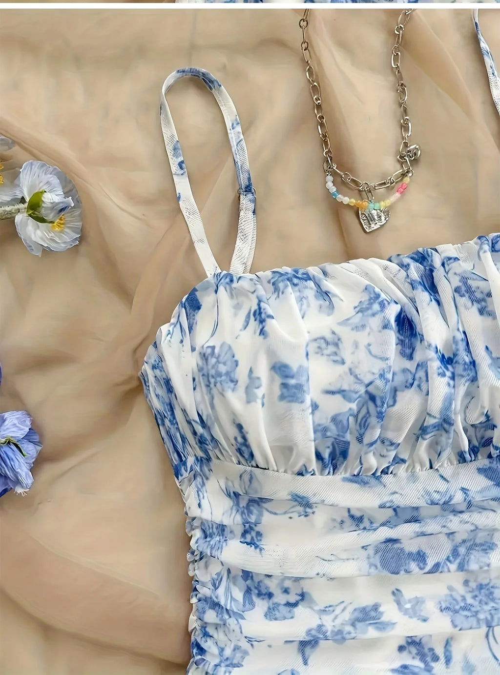 French Style Sweet Empire Waist Floral Strappy Dress Slim Fit Summer Casual Short Skirt