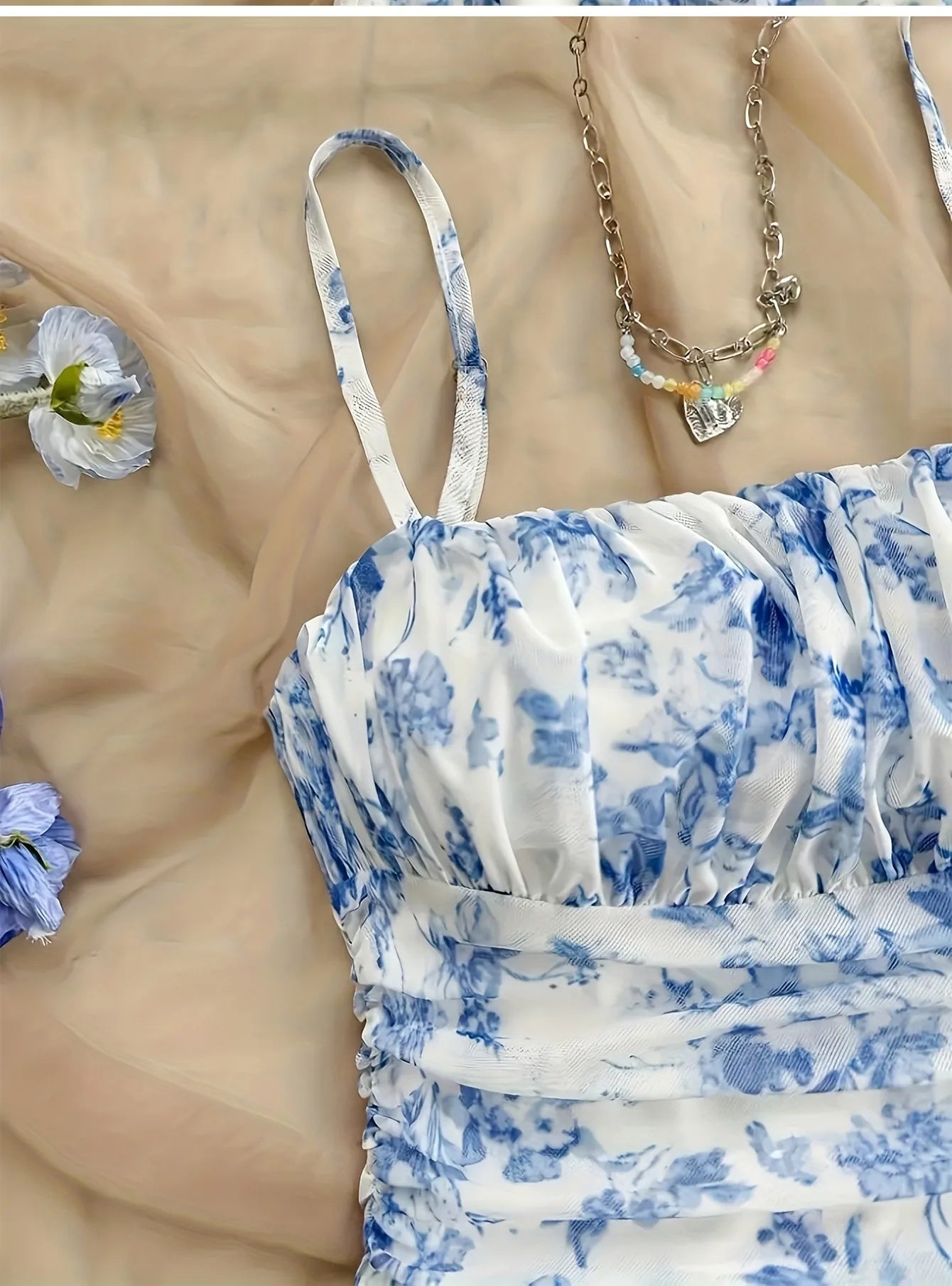 French Style Sweet Empire Waist Floral Strappy Dress Slim Fit Summer Casual Short Skirt