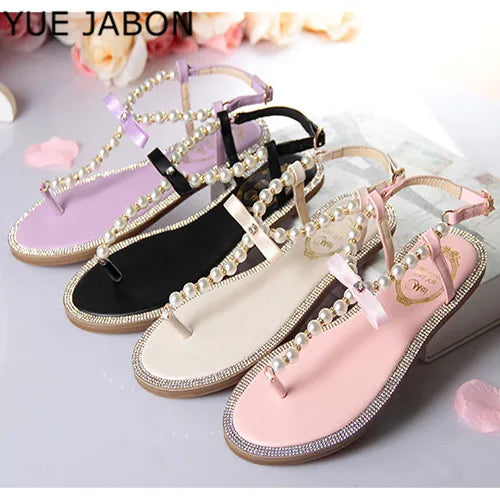 Pearl Sandals women Ladies Summer Bohemia Beach Sandal String Bead Casual Buckle Strap Flat Shoes Open Toe Shoes woman Flip Flop