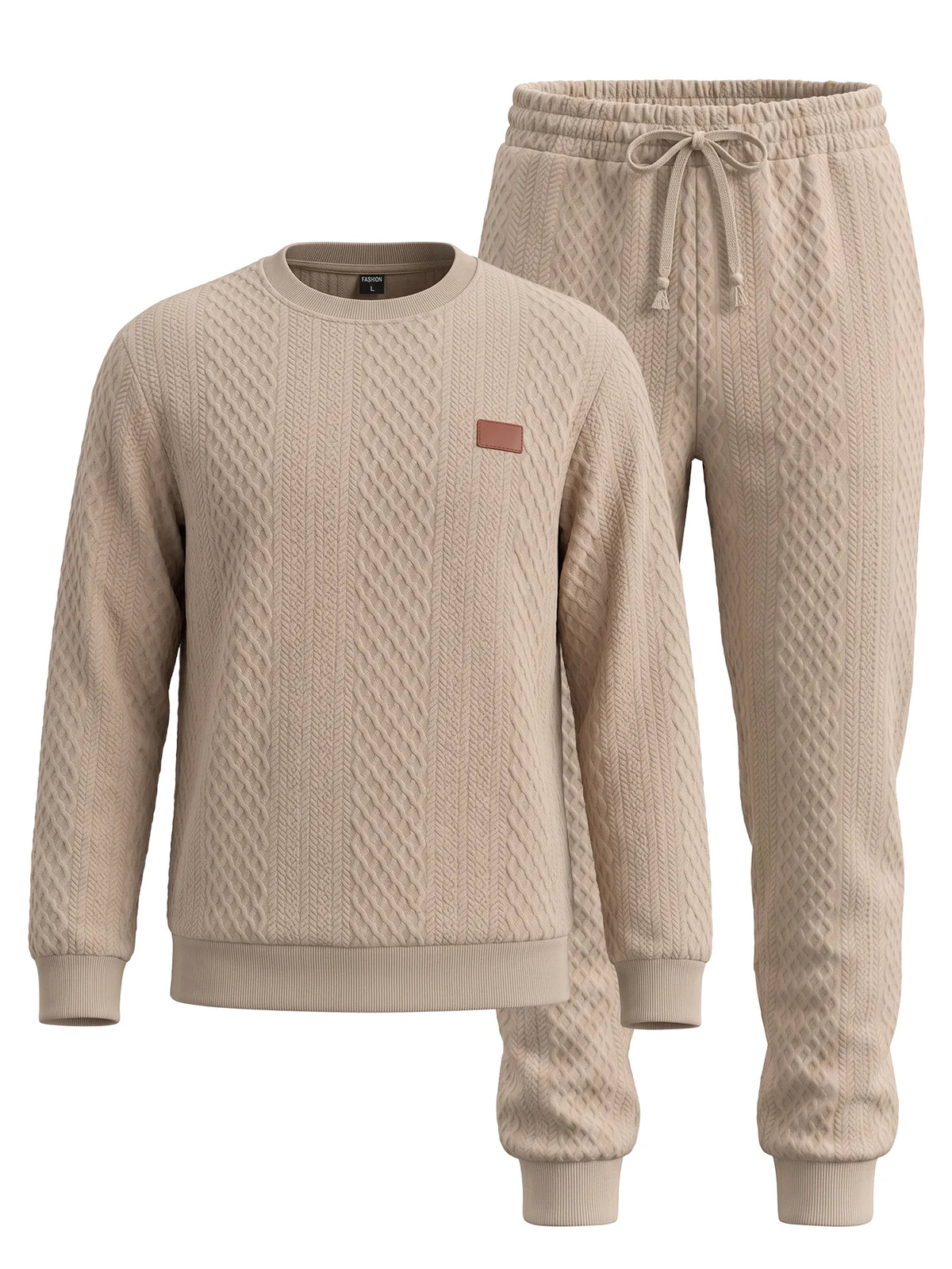 Soft Warm Jacquard Fleece Crew Neck Drawstring 2 Piece Men Long Sleeve Daily Training Tracksuit Set