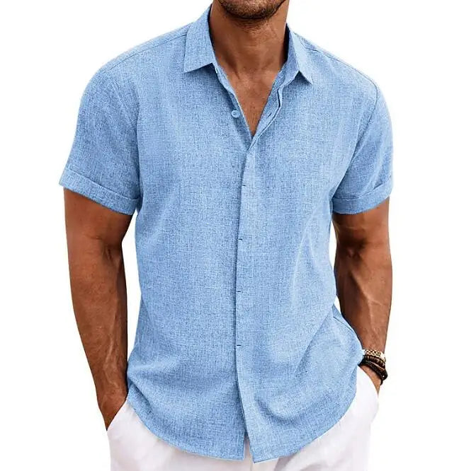 Summer New Men's Solid Shirt Casual Style White Short Sleeve Blouse Men Cotton Linen Knitted Formal Shirt for Adult