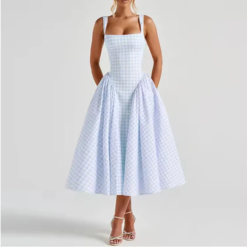 2026 Summer Women Elegant Solid Square Neck Smocked Bodycon Eco-Friendly Breathable Party Midi Dress for European American