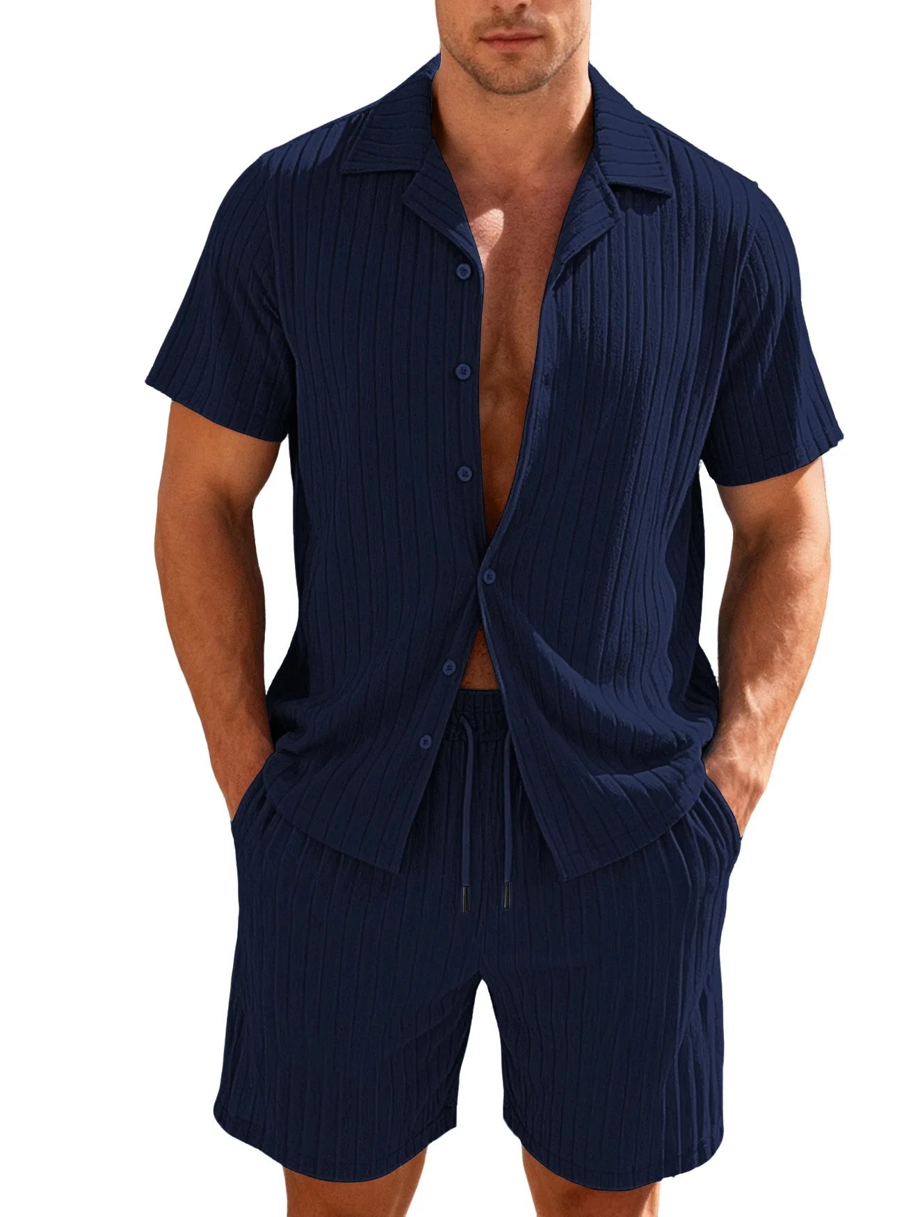 Commuting Casual Buttoned Shirt Short Suits Sleeve Men's Vacation Beach Short Summer Summer Tracksuits Cardigan Shorts Sets