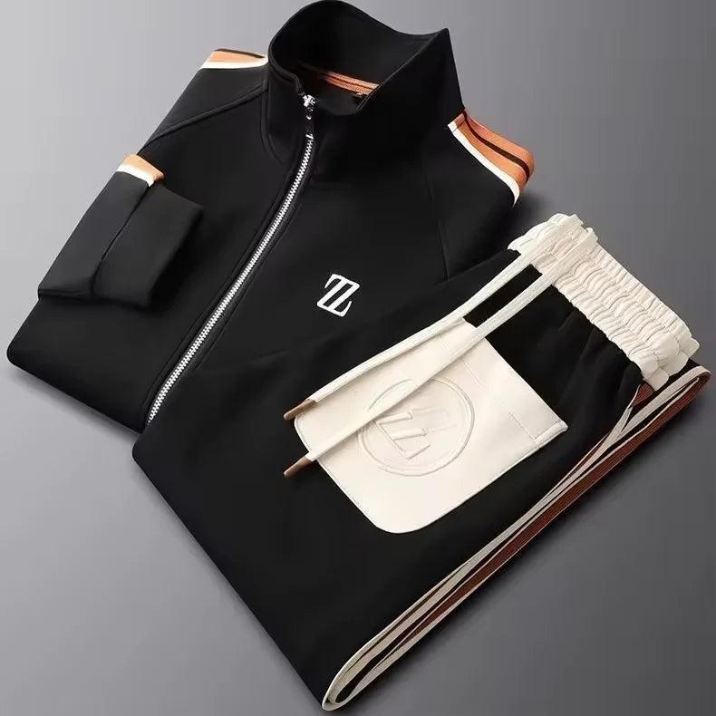 Men's Autumn Stand Collar Casual Sports Suit Knitted Machine Embroidery Long-Sleeve Straight-Leg Pants Trendy Fashionable Set