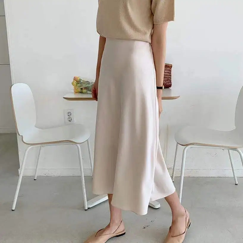 Summer Vintage Satin Elegant High Waist Office Lady Skirt