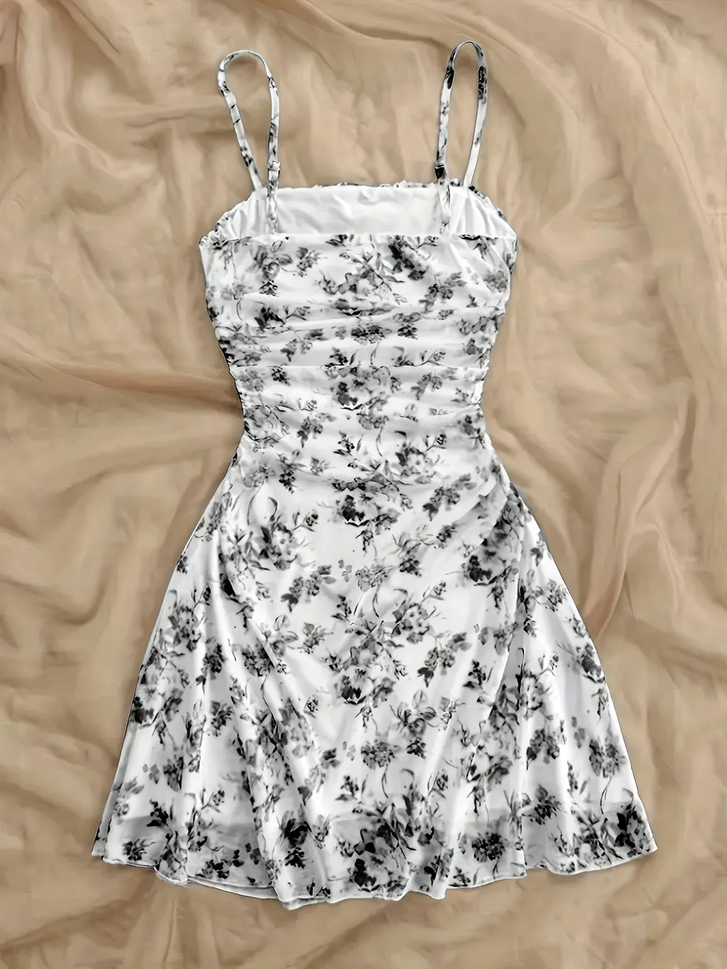 French Style Sweet Empire Waist Floral Strappy Dress Slim Fit Summer Casual Short Skirt